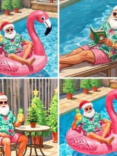 collage with 4 images summer santa christmas in july printables