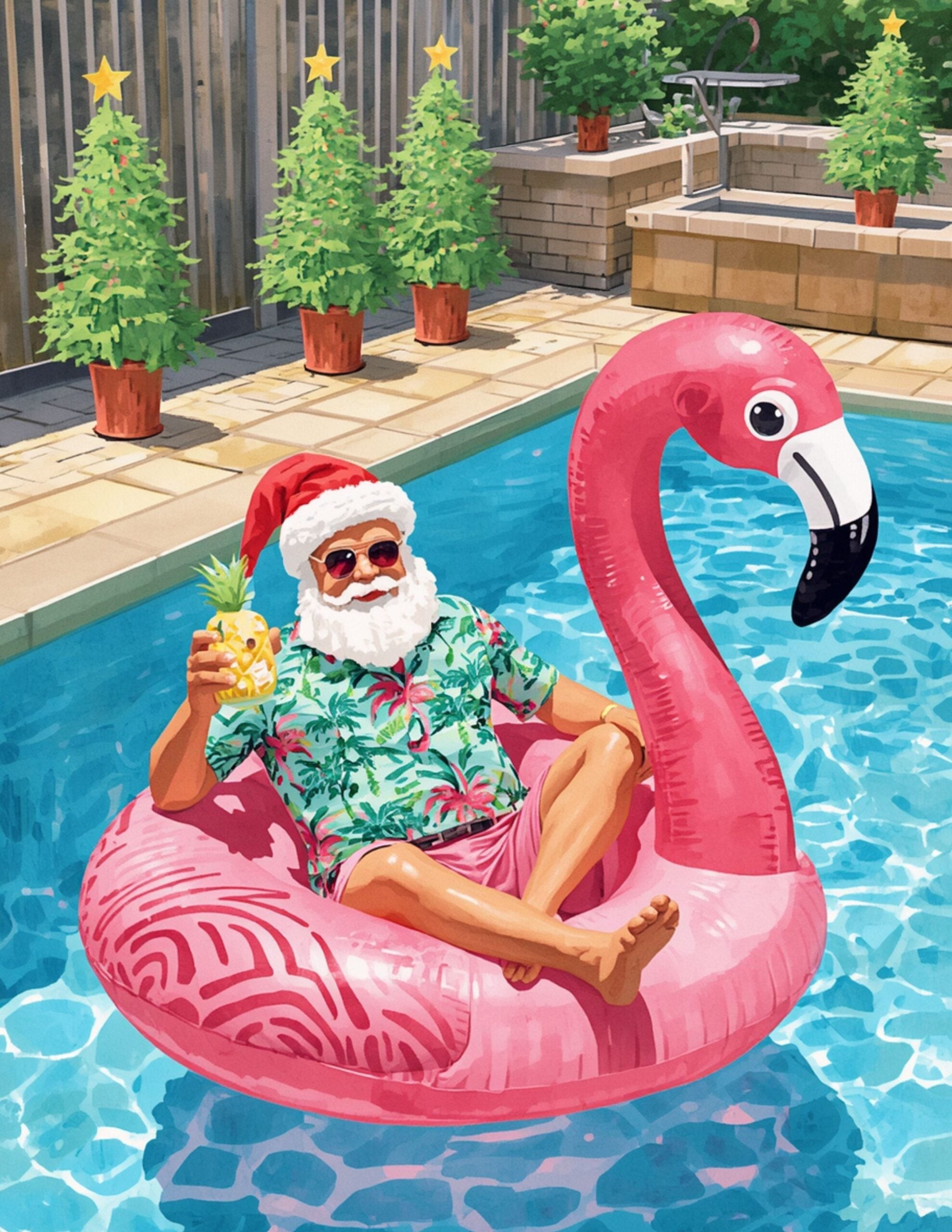 Christmas in July Printable with summer santa swimming on a pink flamingo float