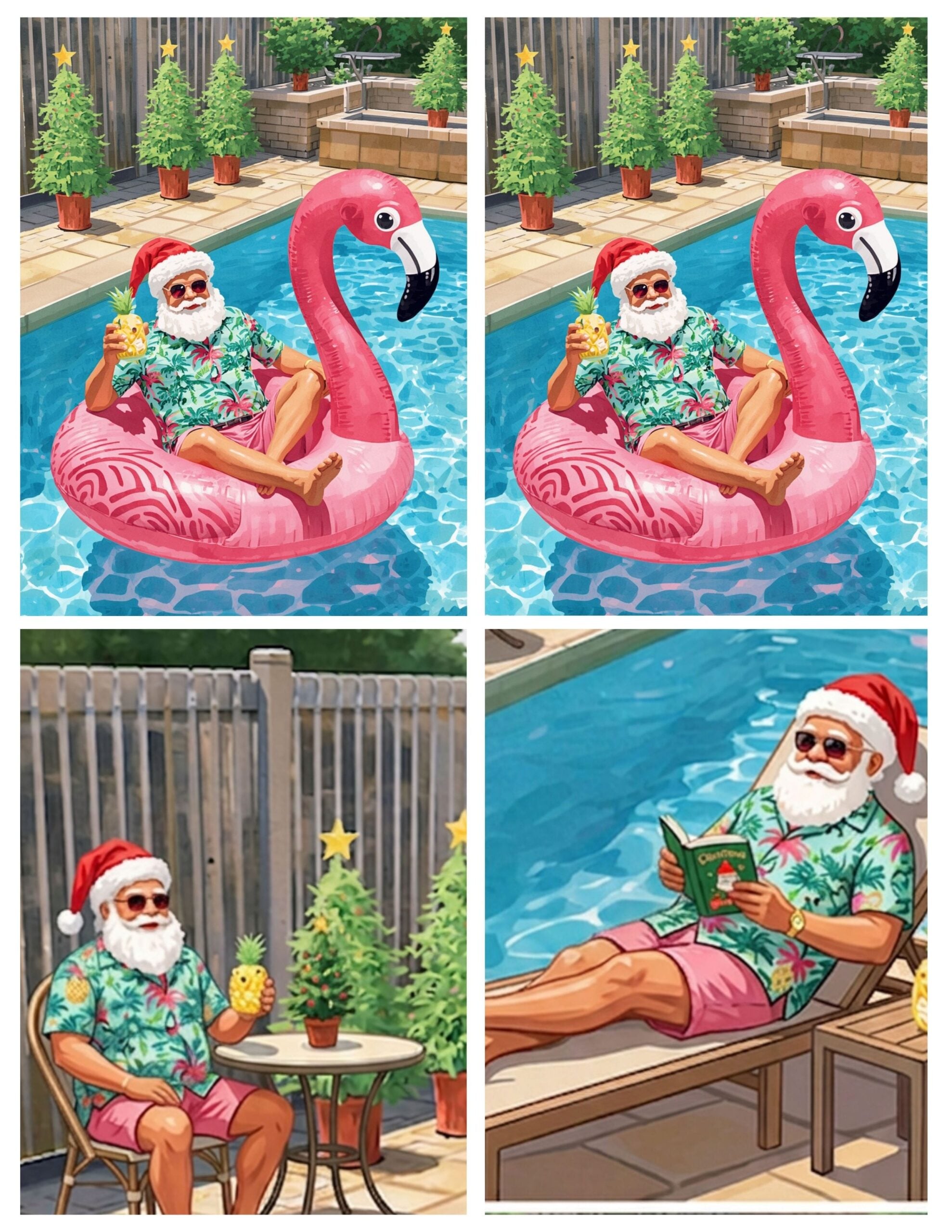 4 image collage with summer santa printables for christmas in july