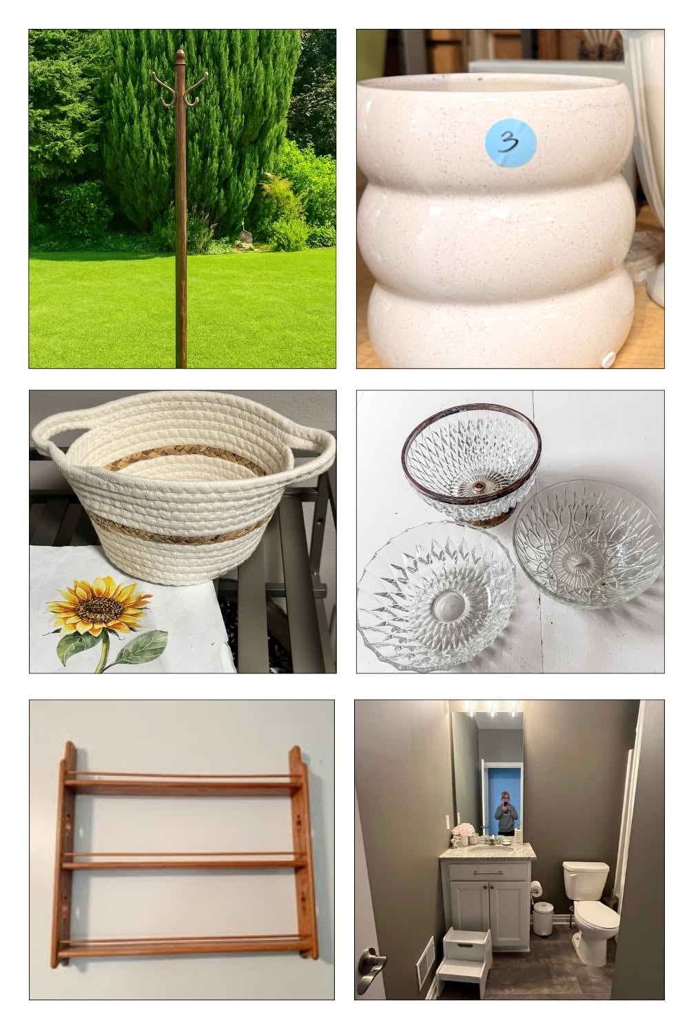 6 image collage with before photos of thrifted items