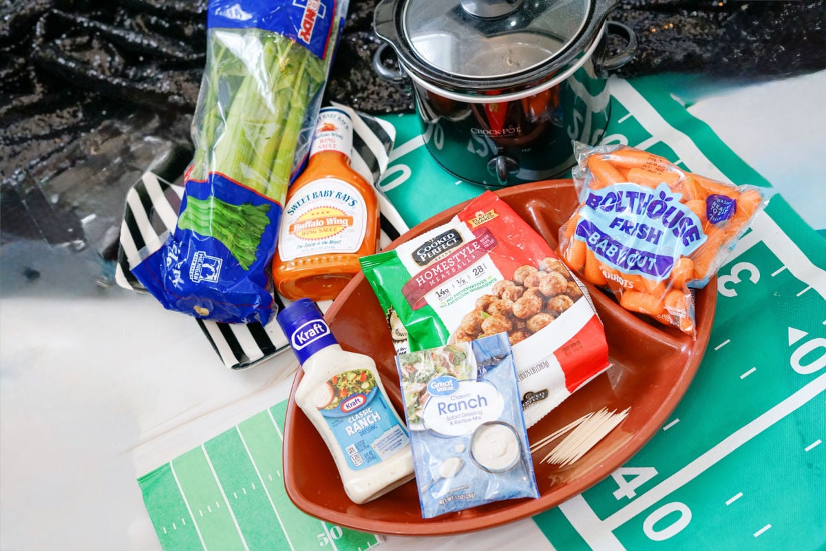 ingredients for crock pot buffalo meatballs with football tray