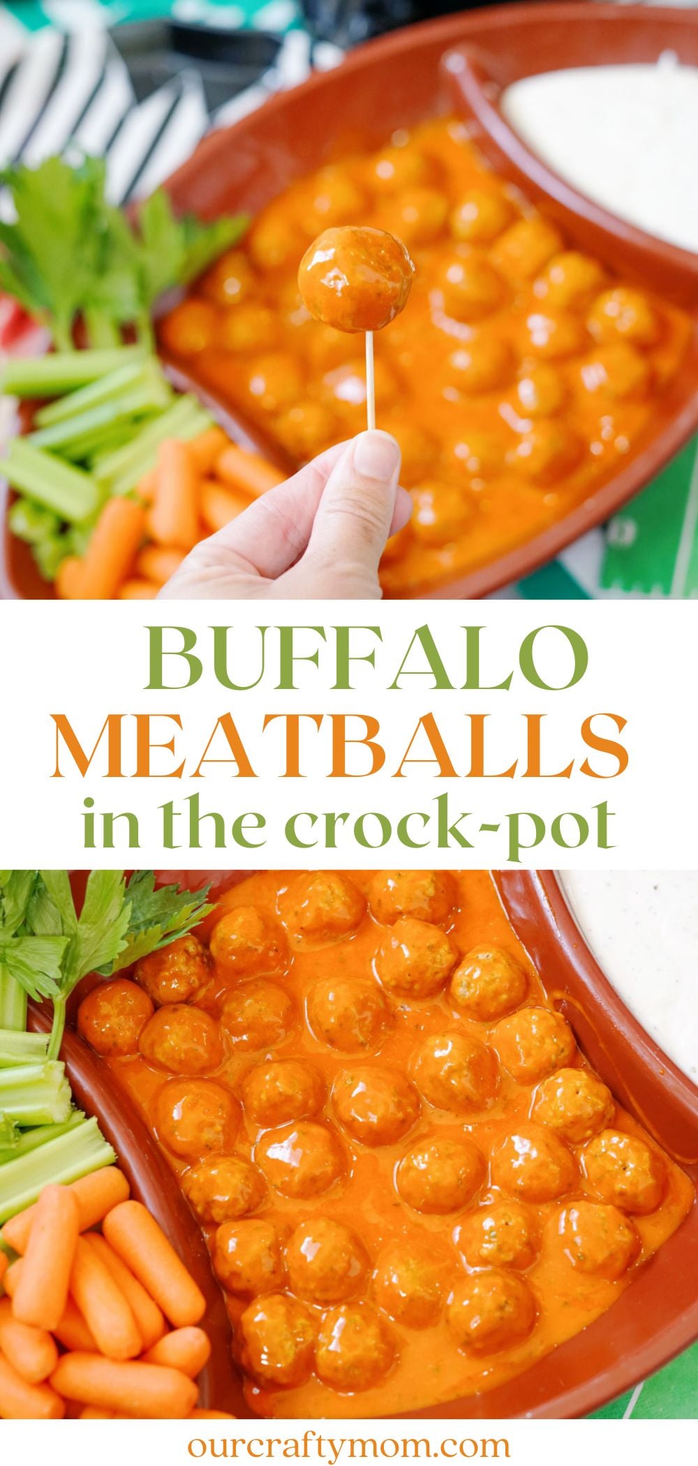 2 image collage with buffalo meatballs shown in a football tray