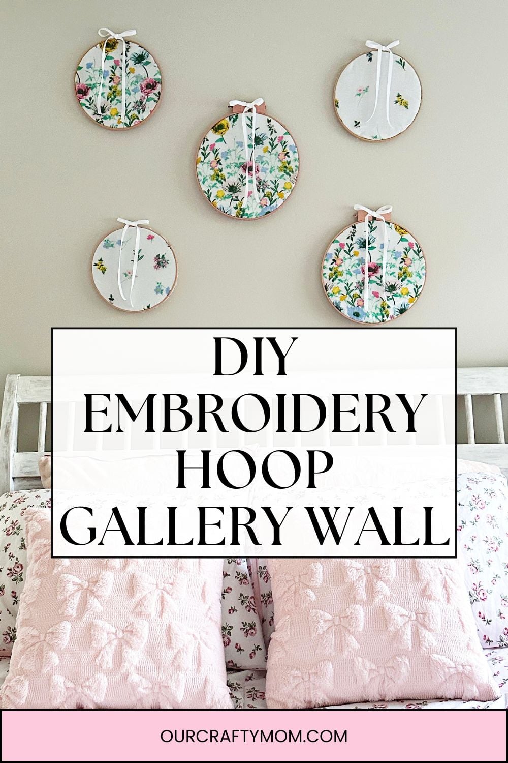 vertical pinterest image with text overlay with diy embroidery hoop gallery wall