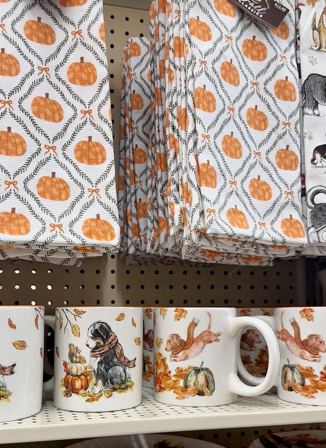 fall kitchen towels and mugs