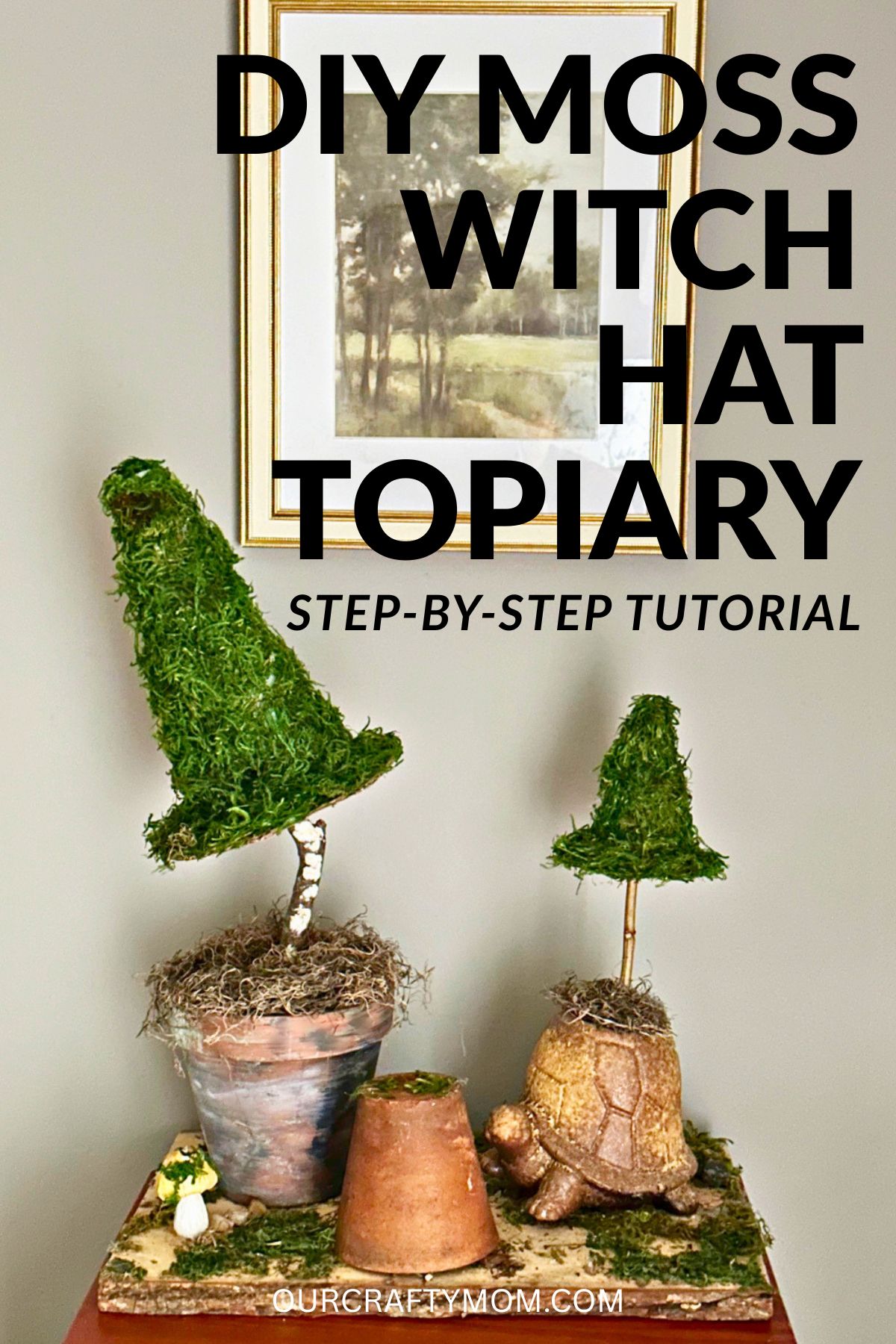 DIY moss witch hat topiary craft made from cardboard, preserved moss, and hot glue for Halloween decor