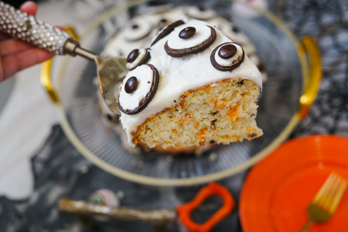 sliced funfetti Halloween cake