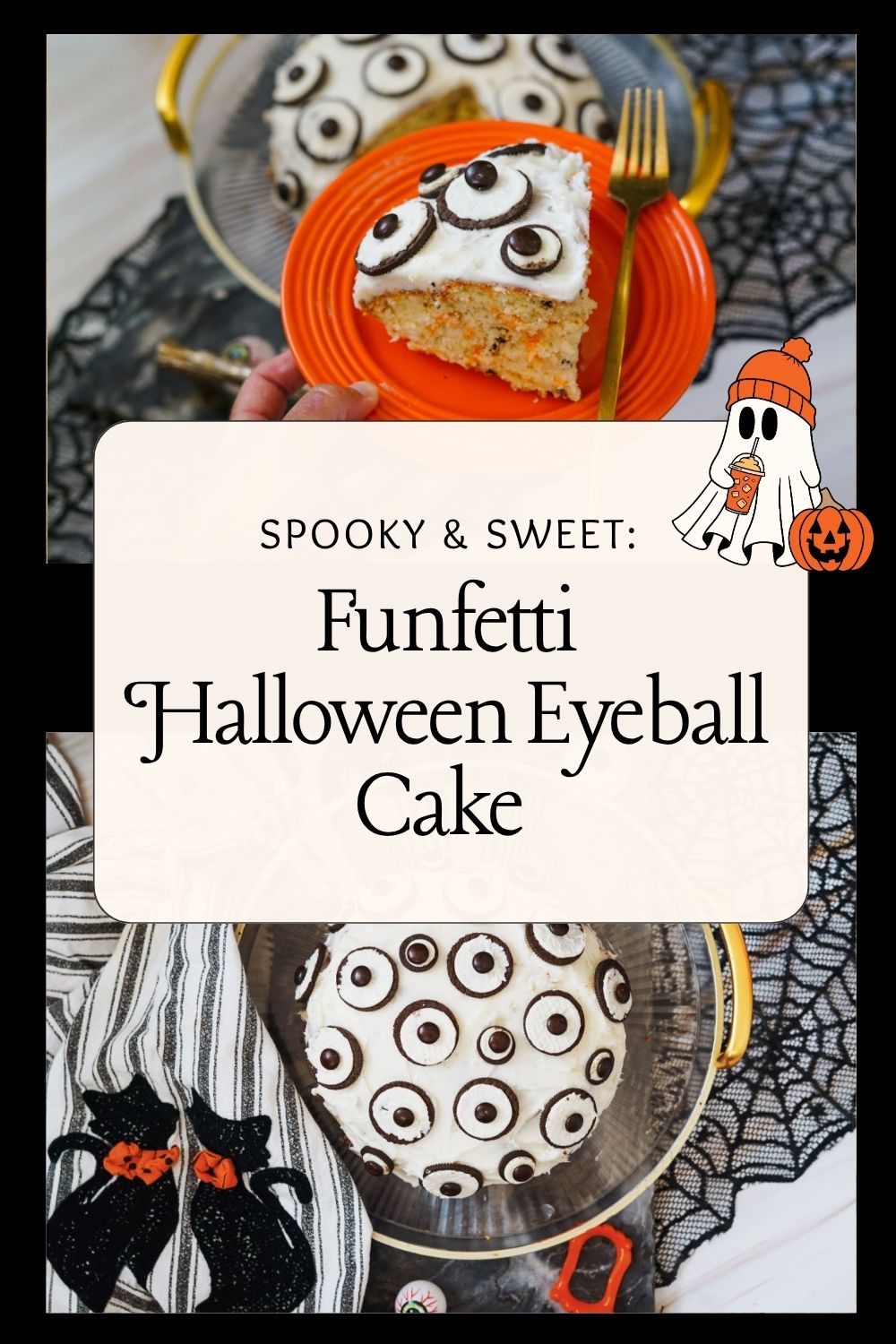 funfetti Halloween cake with eyeball cookies and m&m's