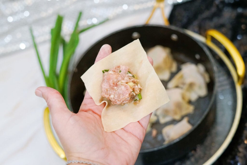 wonton wrapper in hand with pork filling