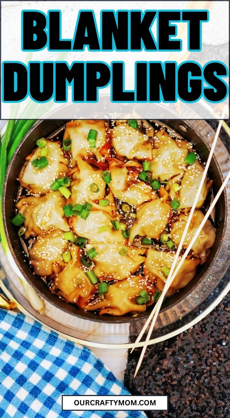 blanket dumplings center view with chopsticks and large text overlay
