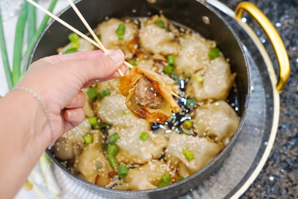 cooked dumplings in pan