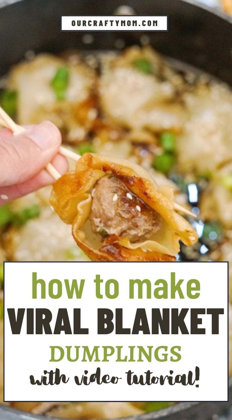 close up of Viral Blanket Dumplings with hand holding cooked dumpling