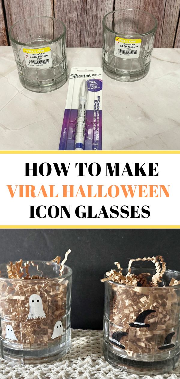 2 image collage with thrift store glasses painted with Halloween ghosts and witch hats